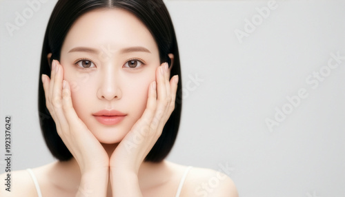 両手で顔を包み込む女性の正面美容ポートレート、潤いとハリを象徴するスキンケア広告向けビジュアル