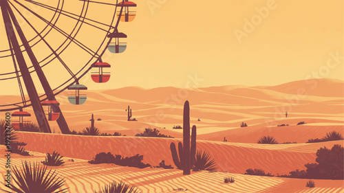 Vibrant desert landscape with ferris wheel cacti and sandy dunes at sunset evoking a sense of adventure and freedom in a warm arid environment