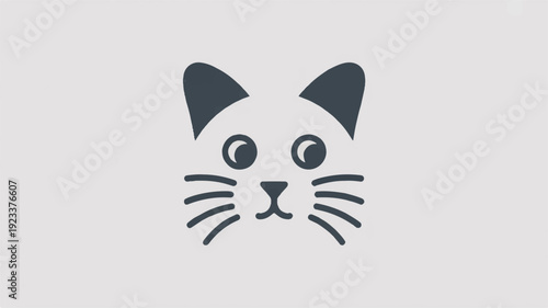 Simple cartoon cat face with black ears and whiskers on a light gray background