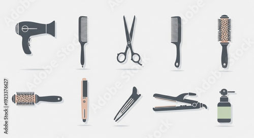 Collection of professional hairdressing tools and accessories for styling.