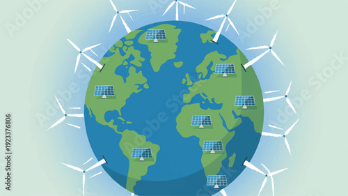 Globe surrounded by wind turbines representing renewable energy and sustainable global power generation concept with green earth
