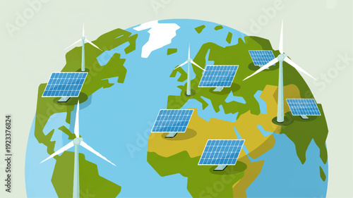Sustainable earth with renewable energy sources wind turbines and solar panels surrounding globe illustration