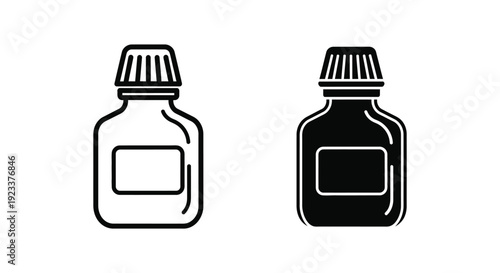 Minimalist medicine bottle vector icons in outline and solid styles for pharmaceutical branding, healthcare app design, and medical supply packaging