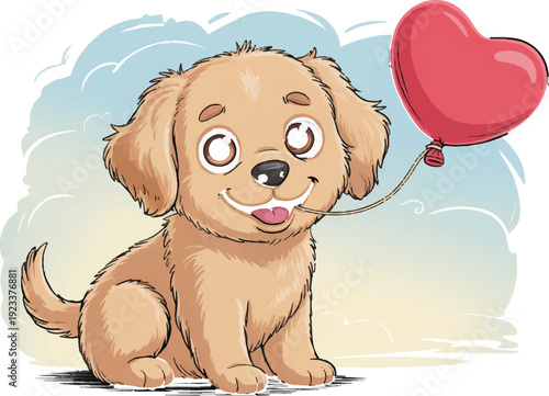 Cute golden retriever puppy with heart balloon sitting on ground with happy expression surrounded by clouds and blue sky