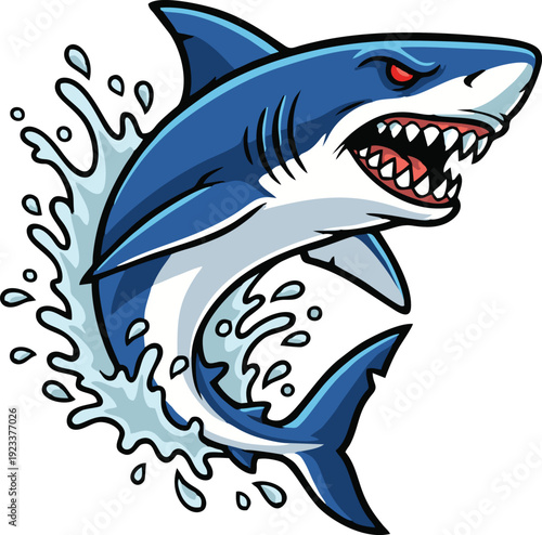 Aggressive blue shark breaching water with sharp teeth and red eyes splash