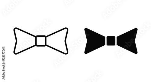 Set of two minimalist black bow tie icons in outline and solid styles for formal wear branding, wedding invitations, and elegant gentleman fashion design.