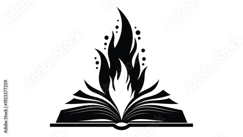 A black and white image of an open book with flames rising from the pages isolated on white background, Vector