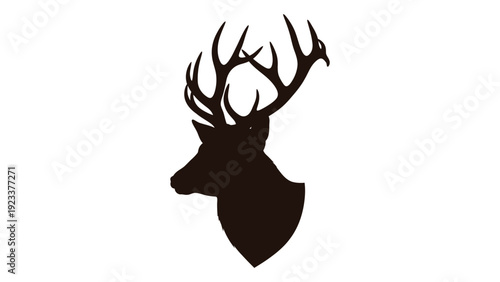 A brown silhouette of a deer's head with antlers on a white background isolated on white background, Vector