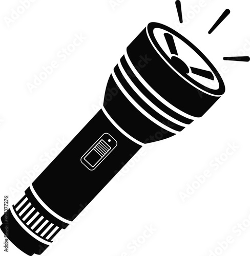 Black flashlight silhouette vector illustration, electric torch icon with light rays isolated on white background for camping, search and emergency equipment design.