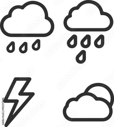 Minimalist outline weather icons set featuring rain sun and lightning