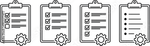 Checklist clipboard icon set with task management symbols and gear settings isolated on white background for workflow organization and productivity concept