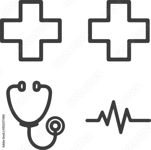 A set of simple line icons representing healthcare and medical concepts