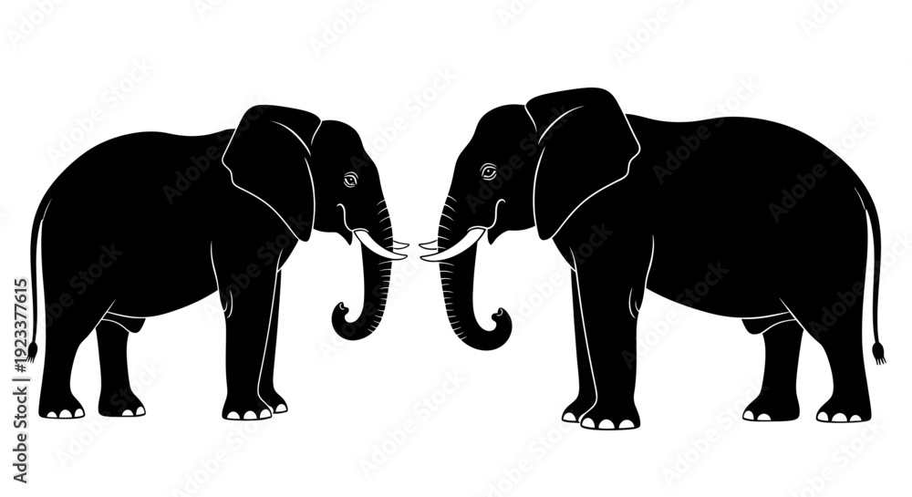 Fototapeta premium Two Black Elephant Silhouettes Facing Each Other with Tusks Touching