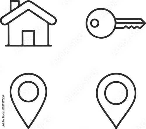 Simple line drawing of a house key and location pins
