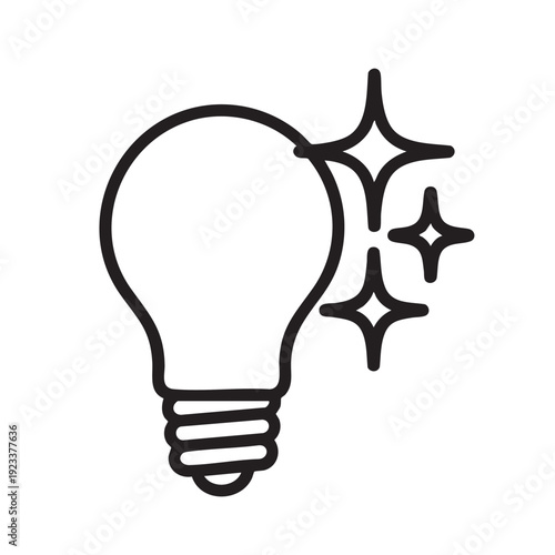 A bright idea shines with sparkles from an illuminated light bulb icon in a simple line art illustration