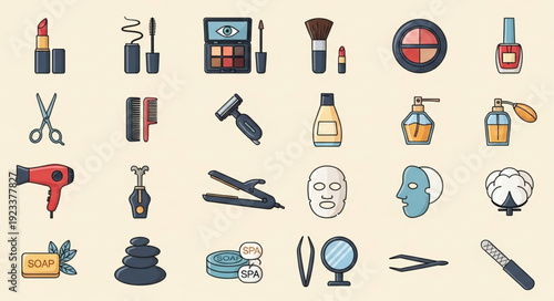 Collection of beauty and cosmetic products and tools.