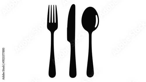 A set of black silhouettes of a fork, knife and spoon isolated on white background, Vector
