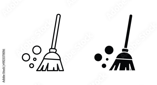 Professional cleaning service icons featuring a broom and bubbles in outline and solid vector styles for housekeeping and maintenance branding
