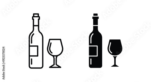 Minimalist wine bottle and glass icons in outline and solid silhouette styles, perfect for restaurant menus, winery branding, bar signage, and beverage industry graphic design.