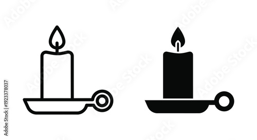 Minimalist black and white candle icons in traditional holders with flames for memorial, religious, and home decor graphic design projects.