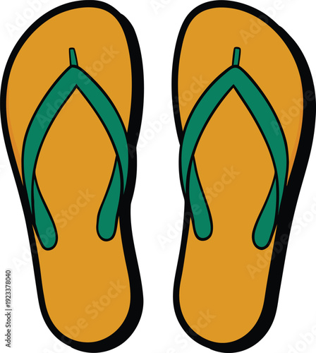 Down flat lay cartoon of orange flip flops green vector illustration EPS PNG file