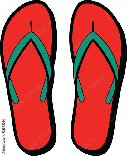 Down flat lay cartoon of red and teal flip flops vector illustration EPS PNG file