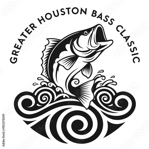 Greater Houston Bass Classic Fishing Logo - Vintage Bass Fish Jumping from Water Waves Vector Illustration.