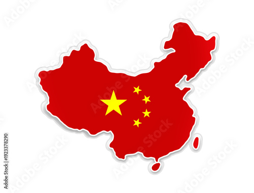 map of China, simplified shape of the chinese map with the colors as the flag of China, isolated, white padding with 3d effect shadow