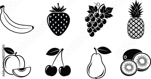 Black fruit silhouette collection featuring banana strawberry grapes pineapple peach cherries pear kiwi, minimal vector illustration set for healthy food, nutrition, organic branding, icon design