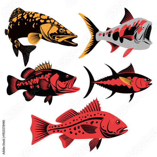 Vintage Fishing Vector Illustration Set with Detailed Bass Tuna and Salmon Graphics for Apparel and Logo.