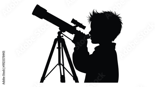 A silhouette of a boy looking through a telescope isolated on white background, Vector