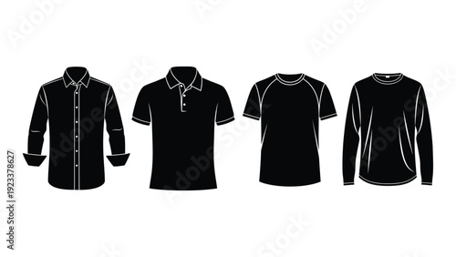 Four black shirts with different collar styles isolated on white background, Vector