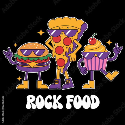 Retro Rock Food Character Illustration with Pizza Burger and Cupcake.