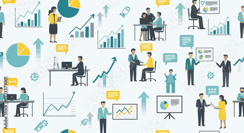 Seamless business pattern with flat design of diverse office situations and charts showcasing