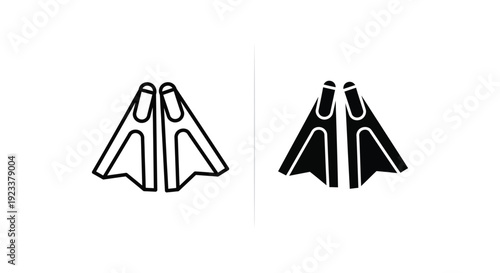 Pair of minimalist diving fins icons featuring outline and solid silhouette styles for scuba diving, snorkeling, and underwater sports equipment design