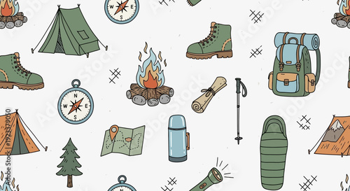 Seamless Camping and Hiking Pattern with Hand-Drawn Elements for Outdoor Adventures Background
