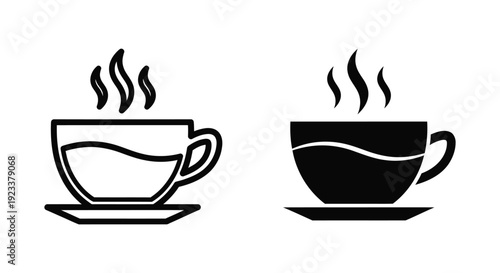 Minimalist black coffee cup icons with rising steam and saucers, set of outline and solid silhouette styles for cafe menus, breakfast branding, and hot beverage signage.