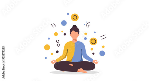 Meditating Person in Lotus Position Surrounded by Abstract Floating Shapes