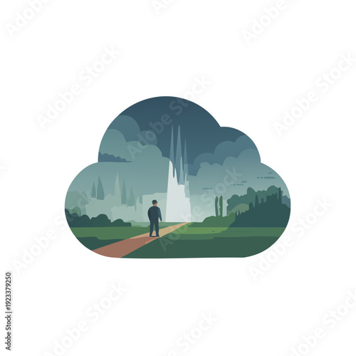 Man Walking Towards Cloud Cityscape.