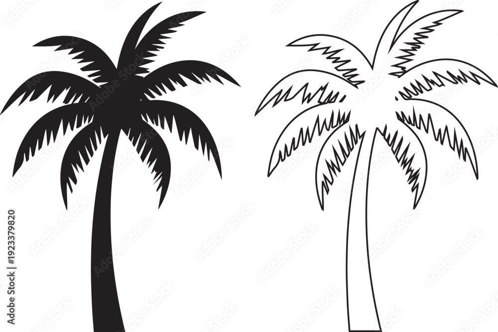 Obraz premium palm tree silhouette, silhouette of palm trees, palm trees silhouette, palm, tree, beach, tropical, vector, summer, illustration, island, nature, sea, sun, silhouette, travel, ocean, palm tree, design