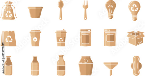 Eco-friendly zero waste packaging icons set featuring recyclable bags, cups, bottles and containers in minimalist brown vector style isolated on white