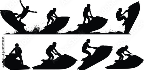 Black jet ski rider silhouettes vector illustration set, water sports action poses collection for summer recreation design, extreme sport graphics, and outdoor branding