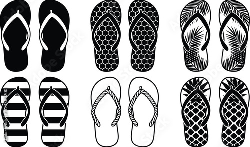 Flip flops vector silhouette set, summer beach footwear icons with patterns like palm leaves stripes and pineapple, isolated black and white design.