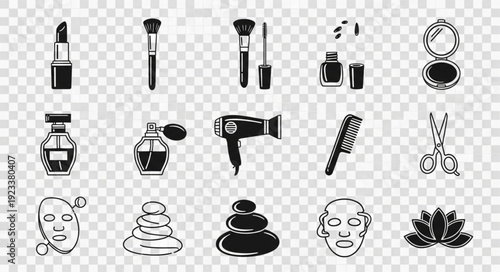 Collection of beauty and cosmetic products and tools.