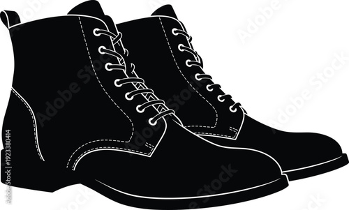 Black leather ankle boots vector illustration, classic lace up footwear pair isolated on white background for fashion design, apparel branding, and ecommerce use