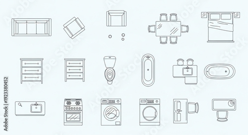 Architectural Floor Plan Symbols for Furniture and Appliances.