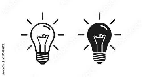 Set of minimalist black and white light bulb icons symbolizing creative ideas, innovation, and brainstorming for business, education, and problem-solving projects.
