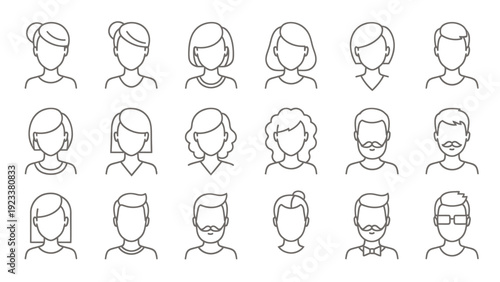 Series of Simple Line Portrait Sketches of a Person in Various Hairstyles.