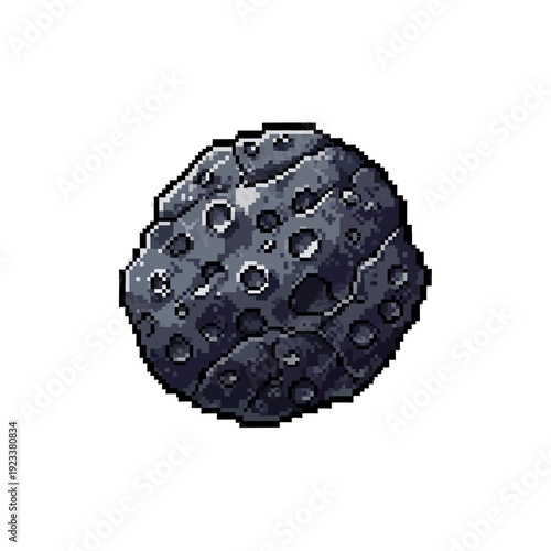 Pixel art illustration of a dark moon with craters on a white background