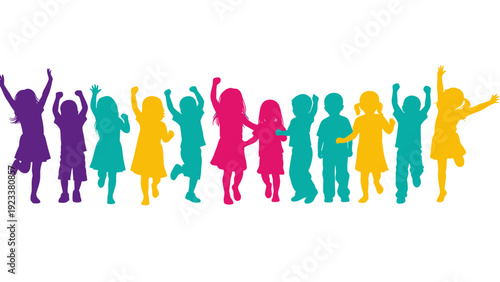 Vibrant row of silhouetted people celebrating with colorful energy and unity.